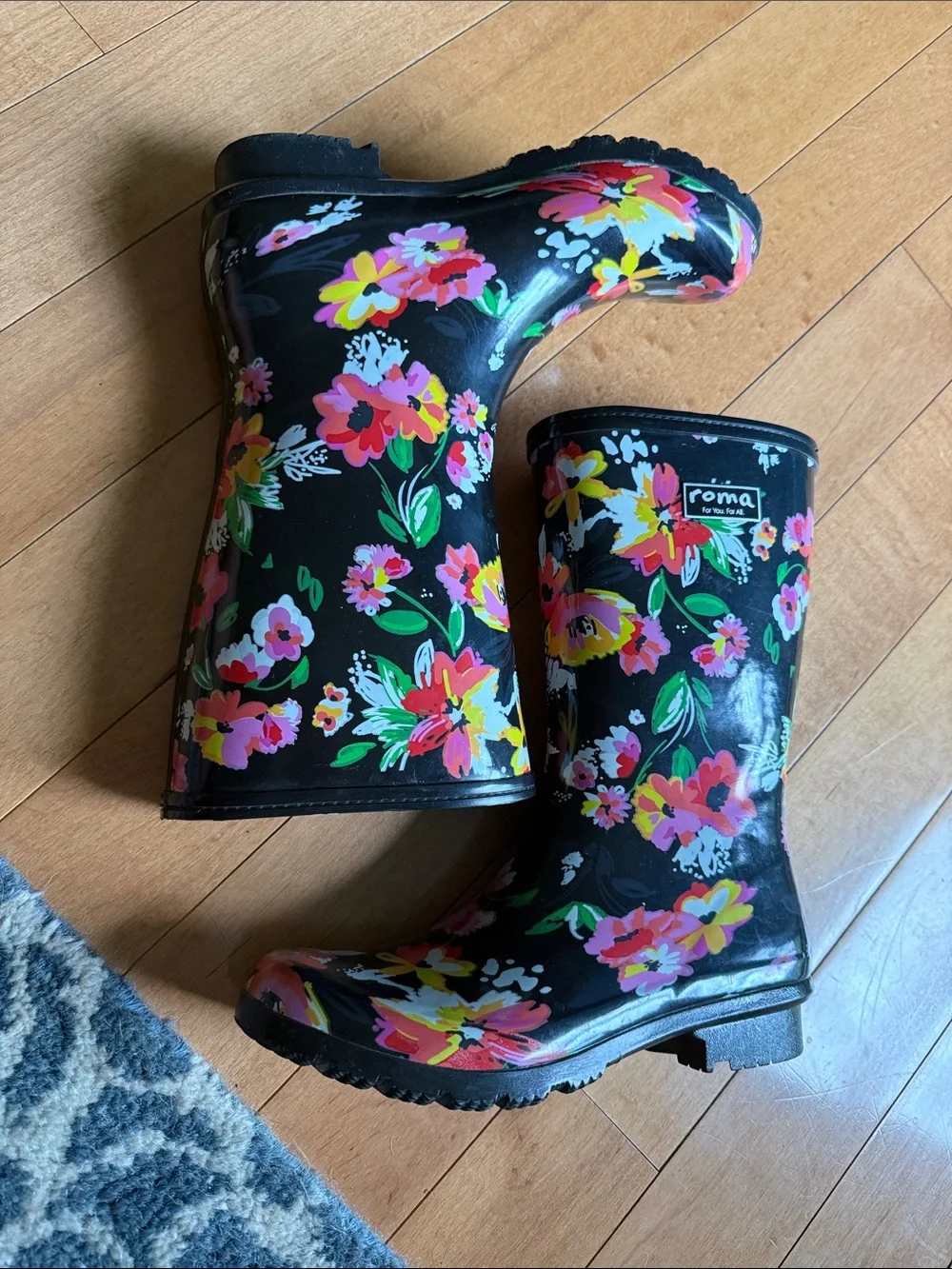 Roma Black Floral Women's Rain Boots